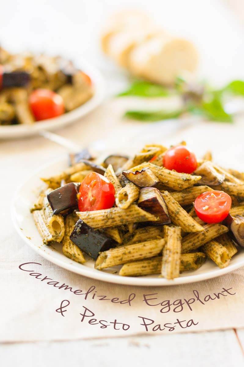 Caramelized Eggplant & Pesto Pasta (v)