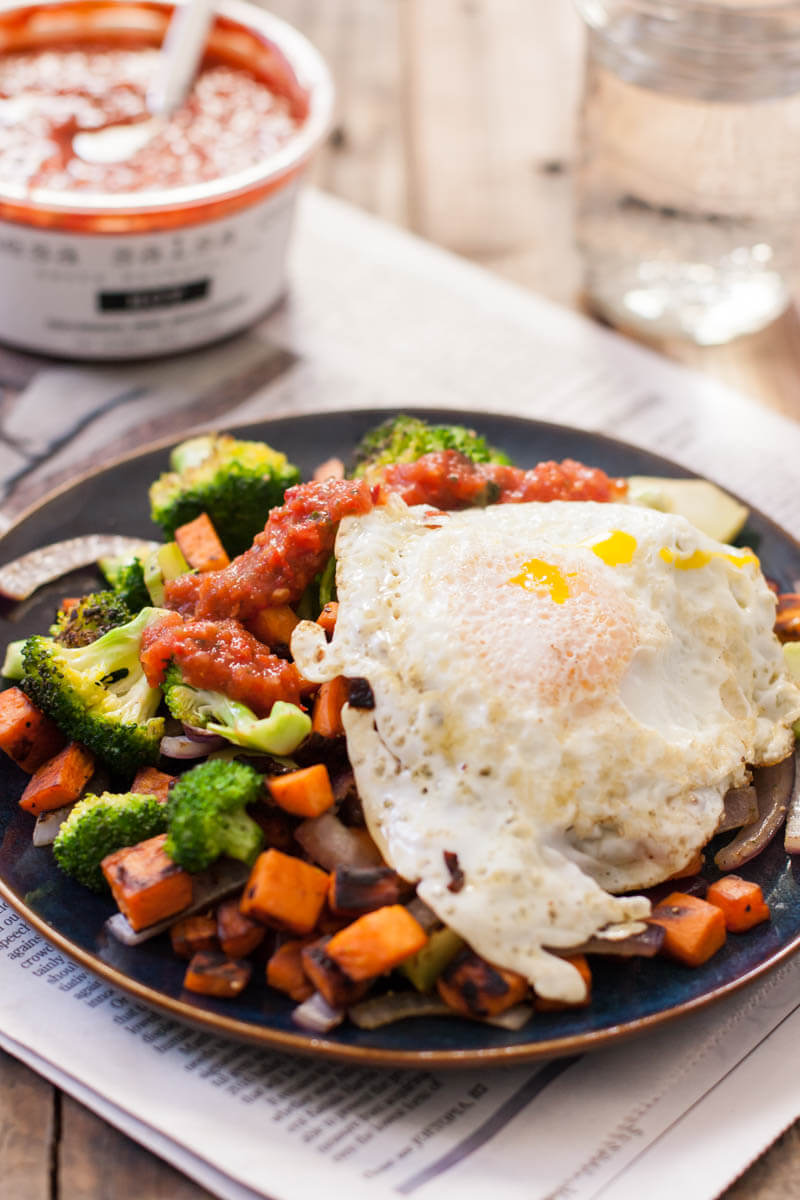 Sweet Potatoes and Broccoli with Olive Oil Fried Egg