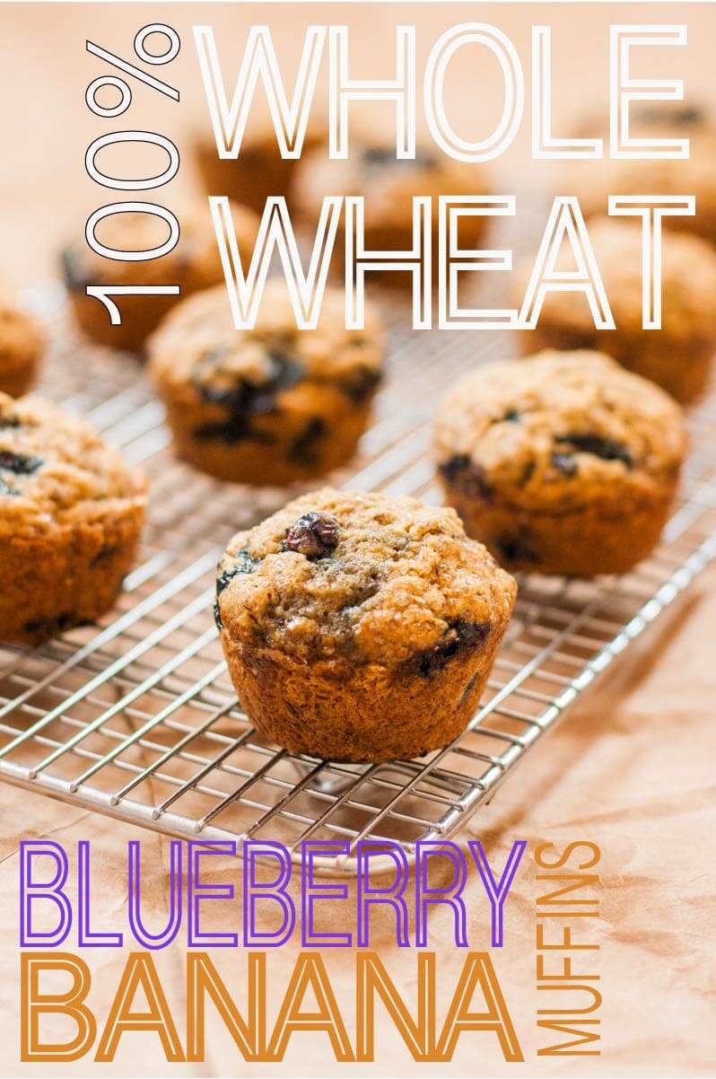 100% Whole Wheat Blueberry Banana Muffins (v)