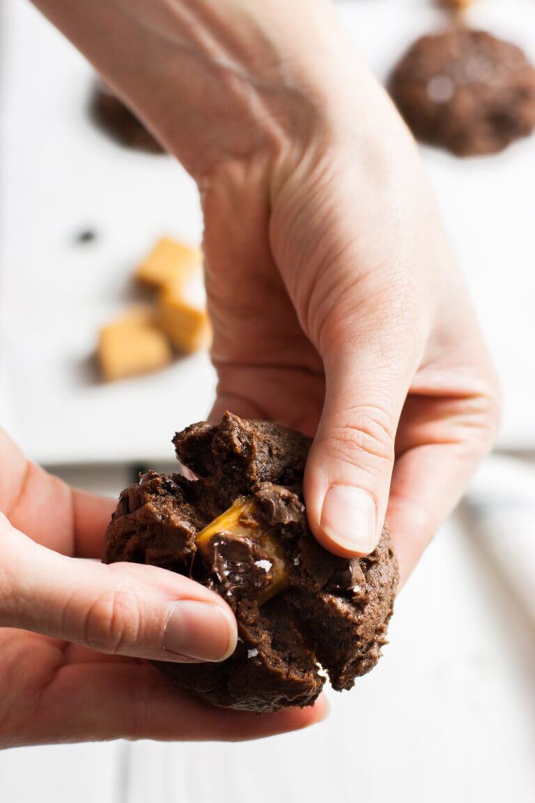 Vegan Caramel-Stuffed Double Chocolate Cookies