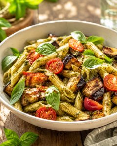 Caramelized Eggplant & Pesto Pasta