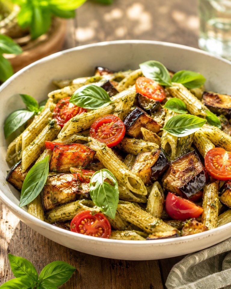 Caramelized Eggplant & Pesto Pasta